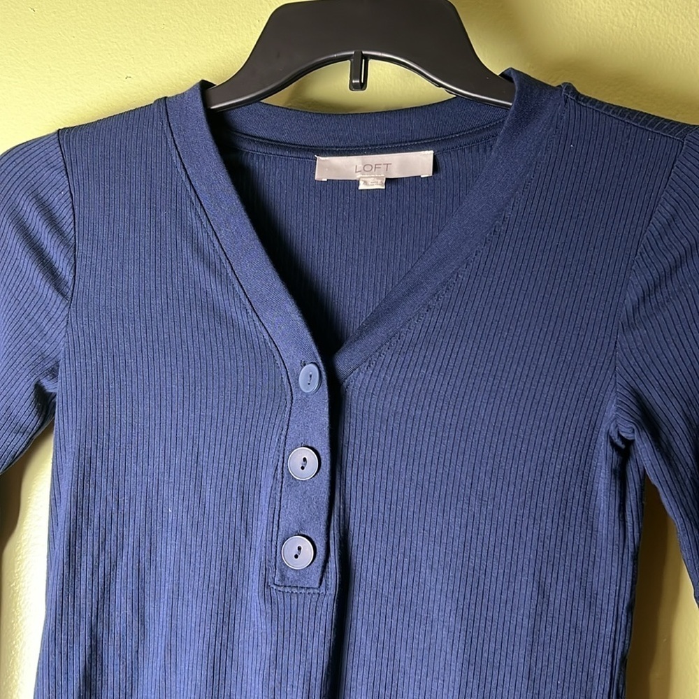 LOFT Navy Ribbed V-Neck Top - Picture 2 of 5